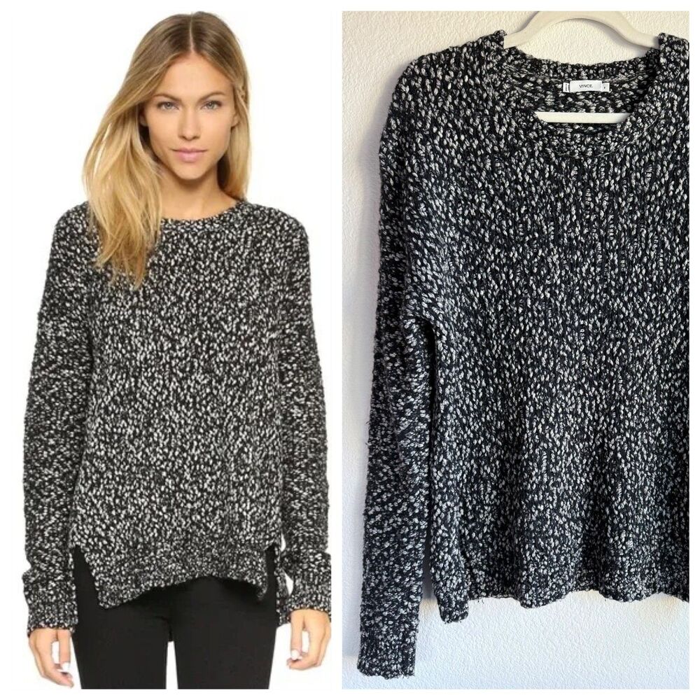 Vince. Women's Melange Knobby Knit Bouclé Sweater Wool Blend Black White Gray M